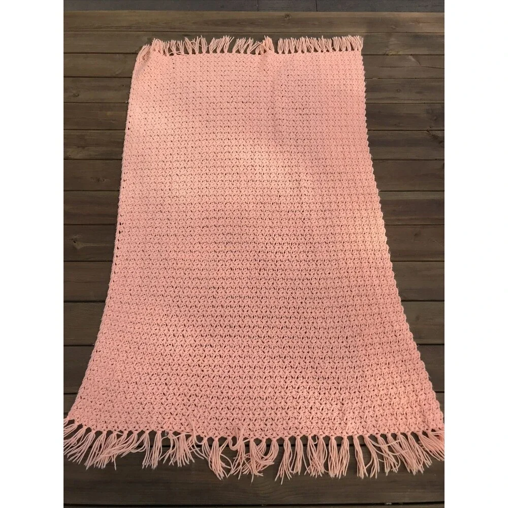 Vintage Handmade Crochet Blanket Afghan 40x63” Peach Fringe EUC